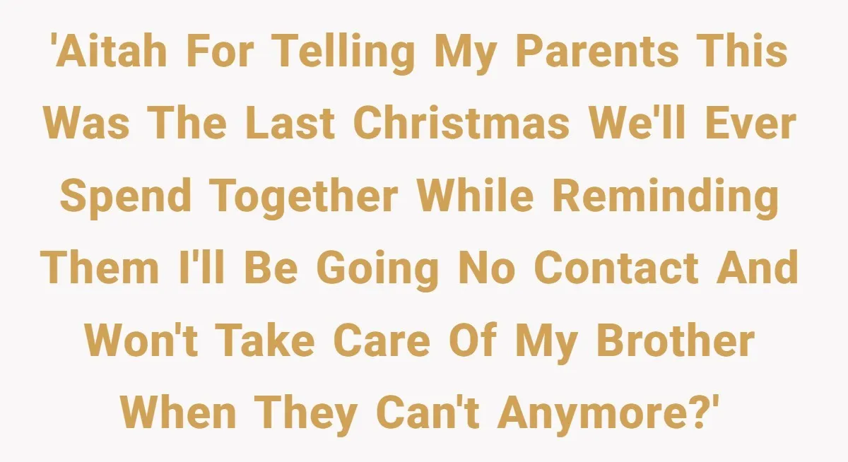 17-Year-Old Moves Out As His Parents Can't Protect Him From His 15-Year-Old Brother 'AITAH for telling my parents this was the last Christmas we'll ever spend together while reminding them I'll be going no contact and won't take care of my brother when...