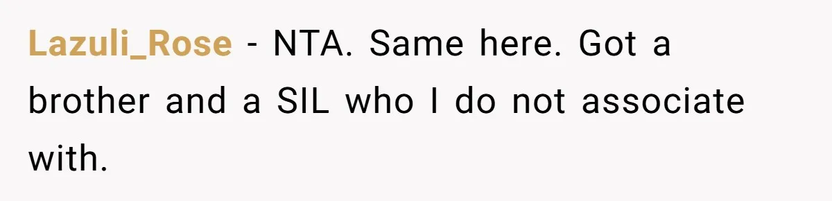 She Refuses to Attend Family Gatherings With Her Husband’s Toxic Sisters and Says She Doesn’t Care About Their Kids Lazuli_Rose − NTA. Same here. Got a brother and a SIL who I do not associate with.