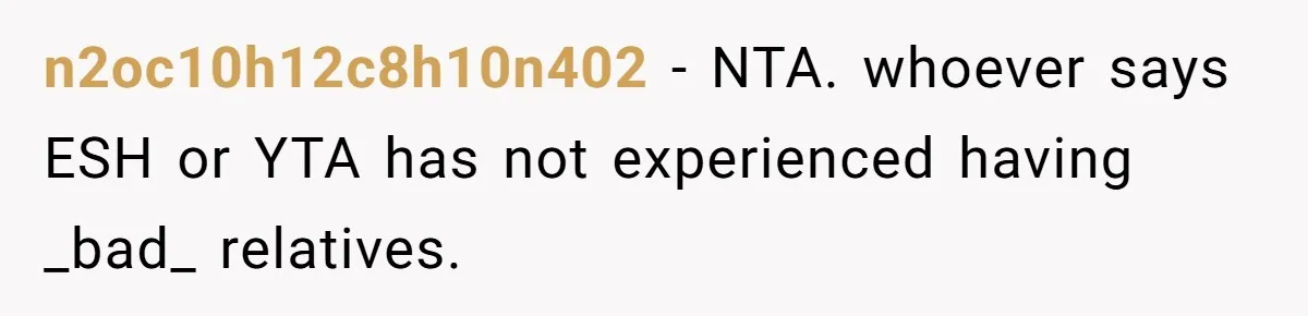 She Refuses to Attend Family Gatherings With Her Husband’s Toxic Sisters and Says She Doesn’t Care About Their Kids n2oc10h12c8h10n402 − NTA. whoever says ESH or YTA has not experienced having _bad_ relatives.