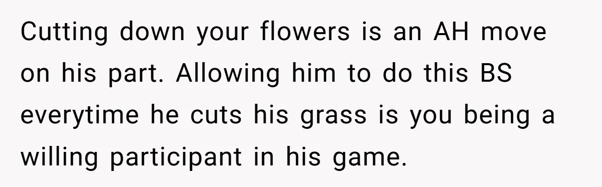 She Refused to Pay for Her Neighbor’s Fence, Then Faced Weekly Property Damage in Return Cutting down your flowers is an AH move on his part. Allowing him to do this BS everytime he cuts his grass is you being a willing participant in his...