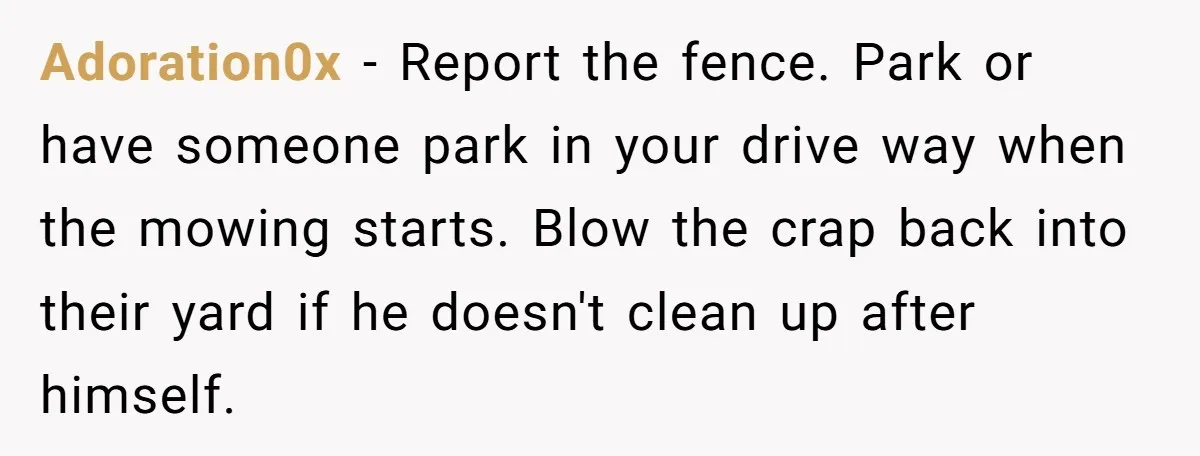 She Refused to Pay for Her Neighbor’s Fence, Then Faced Weekly Property Damage in Return Adoration0x − Report the fence. Park or have someone park in your drive way when the mowing starts. Blow the crap back into their yard if he doesn't clean up...