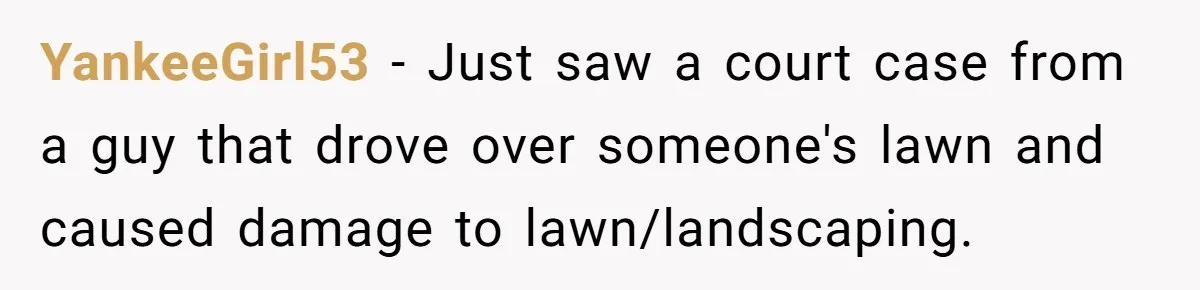 She Refused to Pay for Her Neighbor’s Fence, Then Faced Weekly Property Damage in Return YankeeGirl53 − Just saw a court case from a guy that drove over someone's lawn and caused damage to lawn/landscaping.