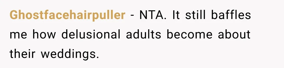 Ghostfacehairpuller − NTA. It still baffles me how delusional adults become about their weddings.