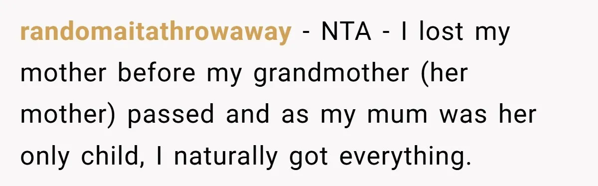 Only Child Refuses To Share Inheritance, Believing They Are Legally Right randomaitathrowaway − NTA - I lost my mother before my grandmother (her mother) passed and as my mum was her only child, I naturally got everything.