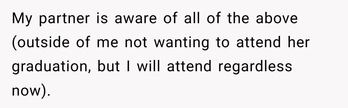 He Didn’t Want to Attend His Girlfriend’s Graduation Because of Her Parents, and It Put Him in a Moral Crossroads My partner is aware of all of the above (outside of me not wanting to attend her graduation, but I will attend regardless now).