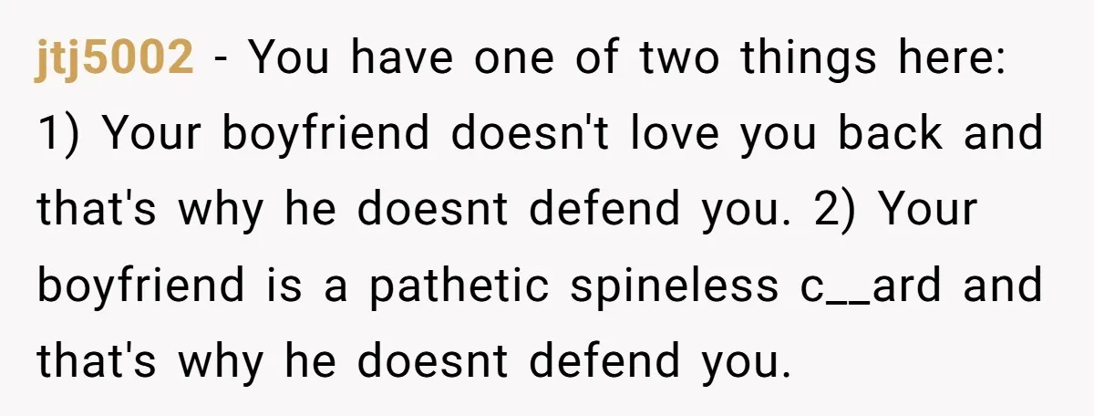 She Loves Her Boyfriend of 10 Years, but His Toxic Sister Is Slowly Destroying Their Future jtj5002 − You have one of two things here: 1) Your boyfriend doesn't love you back and that's why he doesnt defend you. 2) Your boyfriend is a pathetic spineless...