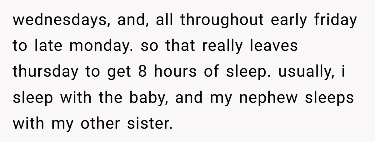 A 15-Year-Old Girl Finally Snapped After Being Expected to Raise Her Sister’s Kids Instead of Studying for Finals wednesdays, and, all throughout early friday to late monday. so that really leaves thursday to get 8 hours of sleep. usually, i sleep with the baby, and my nephew sleeps...