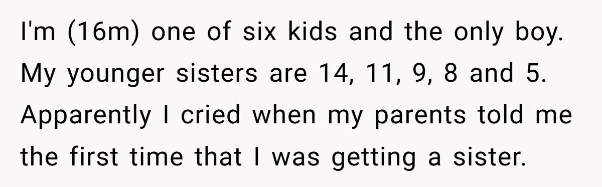 He Wanted a Brother. His Parents Called Him a “Psychopath” for It. I'm (16m) one of six kids and the only boy. My younger sisters are 14, 11, 9, 8 and 5. Apparently I cried when my parents told me the first...