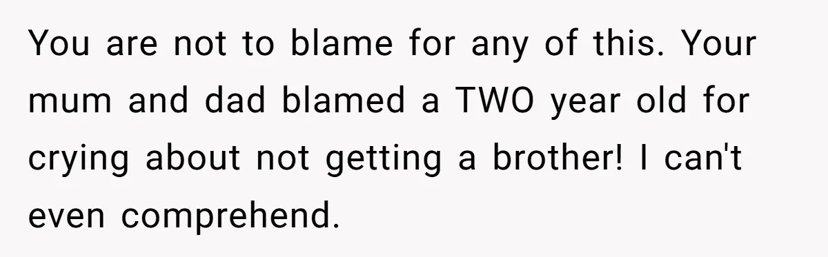 He Wanted a Brother. His Parents Called Him a “Psychopath” for It. You are not to blame for any of this. Your mum and dad blamed a TWO year old for crying about not getting a brother! I can't even comprehend.