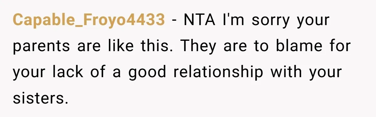 He Wanted a Brother. His Parents Called Him a “Psychopath” for It. Capable_Froyo4433 − NTA I'm sorry your parents are like this. They are to blame for your lack of a good relationship with your sisters.