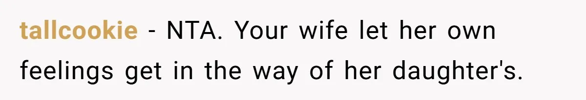 Man Says His Wife Should Have Taken Their Daughter To The Funeral, Now His Mom Is Getting Involved tallcookie − NTA. Your wife let her own feelings get in the way of her daughter's.