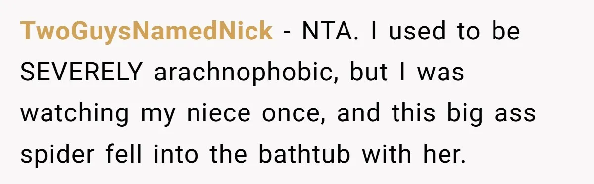 Man Says His Wife Should Have Taken Their Daughter To The Funeral, Now His Mom Is Getting Involved TwoGuysNamedNick − NTA. I used to be SEVERELY arachnophobic, but I was watching my niece once, and this big ass spider fell into the bathtub with her.
