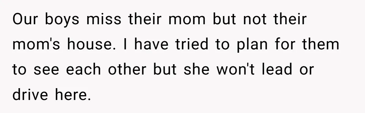 Ex Demands Dad Ban Common Foods At His Home, He Refuses And She Stops Visitation Our boys miss their mom but not their mom's house. I have tried to plan for them to see each other but she won't lead or drive here.