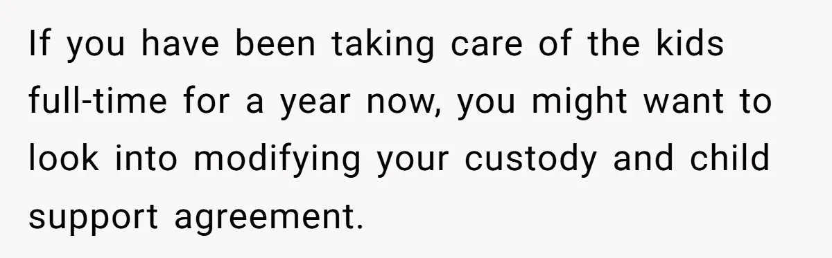 Ex Demands Dad Ban Common Foods At His Home, He Refuses And She Stops Visitation If you have been taking care of the kids full-time for a year now, you might want to look into modifying your custody and child support agreement.