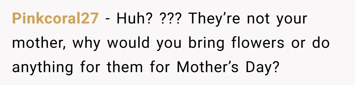 She Refused to Host Mother’s Day for Her In-Laws, and Somehow That Became Her Fault Pinkcoral27 − Huh? ??? They’re not your mother, why would you bring flowers or do anything for them for Mother’s Day?
