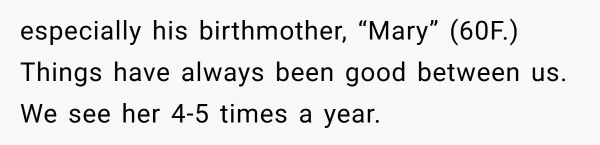 especially his birthmother, “Mary” (60F.) Things have always been good between us. We see her 4-5 times a year.