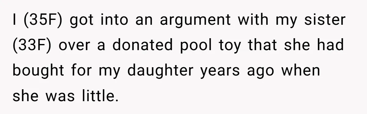 She Told Her Sister to Stop Buying Her Daughter Gifts With Strings Attached, and It Turned Into a Bigger Family Argument Than Expected I (35F) got into an argument with my sister (33F) over a donated pool toy that she had bought for my daughter years ago when she was little.