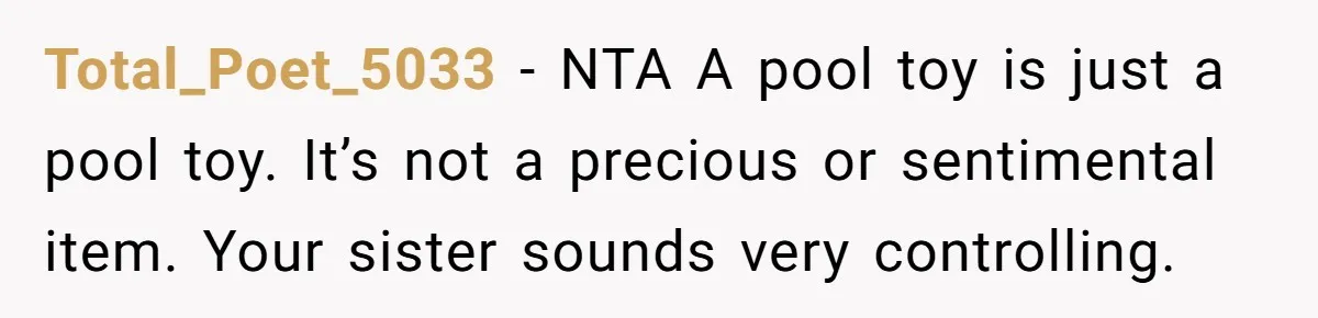 She Told Her Sister to Stop Buying Her Daughter Gifts With Strings Attached, and It Turned Into a Bigger Family Argument Than Expected Total_Poet_5033 − NTA A pool toy is just a pool toy. It’s not a precious or sentimental item. Your sister sounds very controlling.