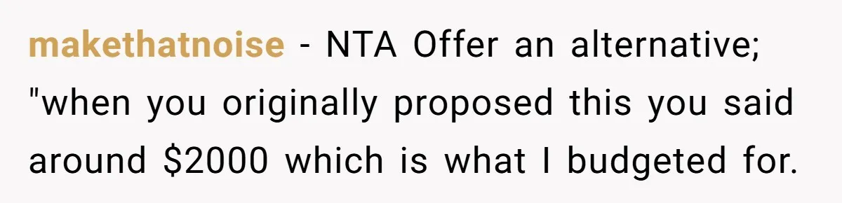 makethatnoise − NTA Offer an alternative; "when you originally proposed this you said around $2000 which is what I budgeted for.