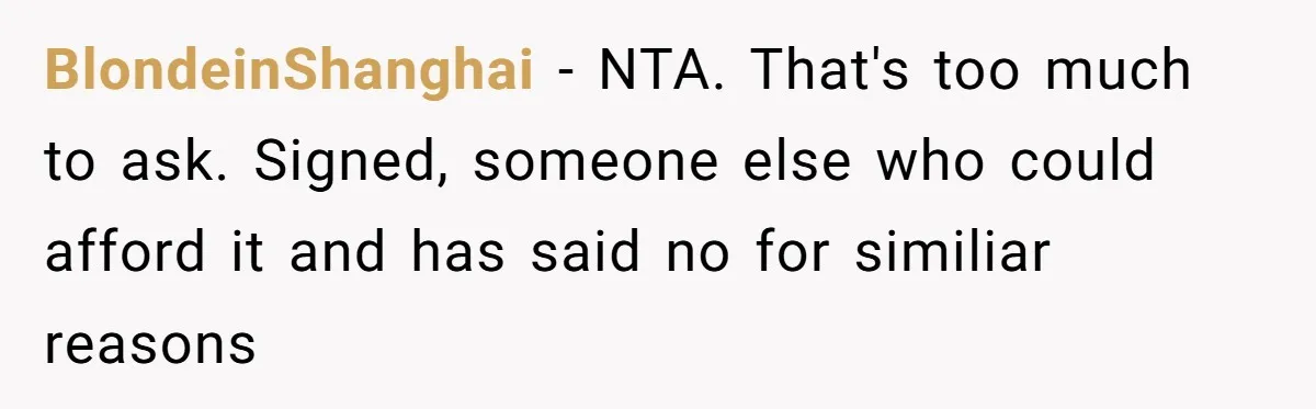 BlondeinShanghai − NTA. That's too much to ask. Signed, someone else who could afford it and has said no for similiar reasons