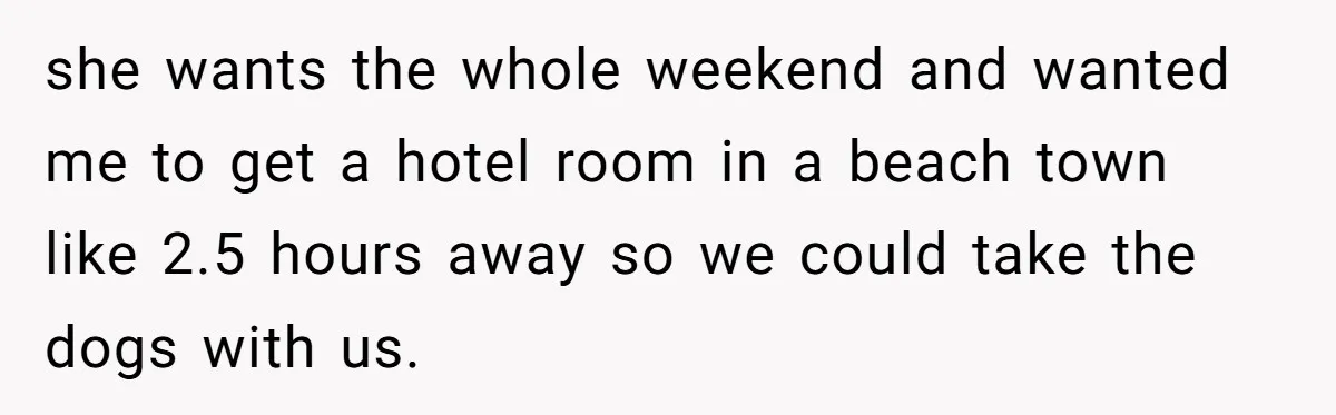 She Planned a Sweet Mother’s Day for Her Sister, Then Got Handed a Full Weekend Itinerary Instead she wants the whole weekend and wanted me to get a hotel room in a beach town like 2.5 hours away so we could take the dogs with us.