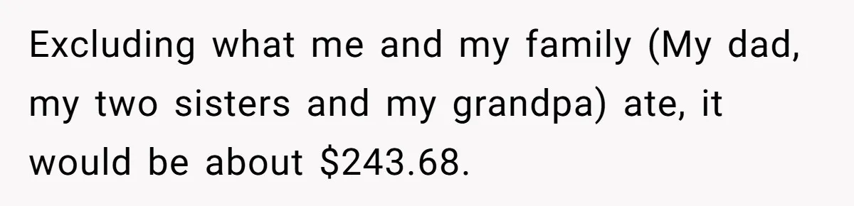 Teen Refuses To Cover Expensive Bill After Father Invites Freeloading Relatives To Sister Celebration Dinner Excluding what me and my family (My dad, my two sisters and my grandpa) ate, it would be about $243.68.