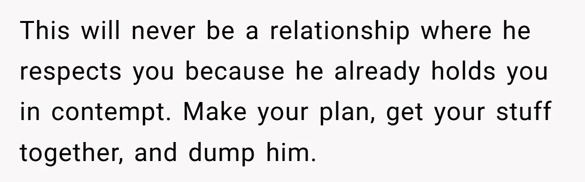 Woman Secretly Reads Her Fiancé Messages With His Female Best Friend And Faces Devastating Discovery This will never be a relationship where he respects you because he already holds you in contempt. Make your plan, get your stuff together, and dump him.