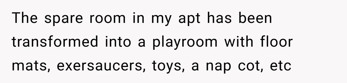 Woman Babysits Her Nephew For Free, Then Finds A Hidden Camera Watching Her Playroom The spare room in my apt has been transformed into a playroom with floor mats, exersaucers, toys, a nap cot, etc