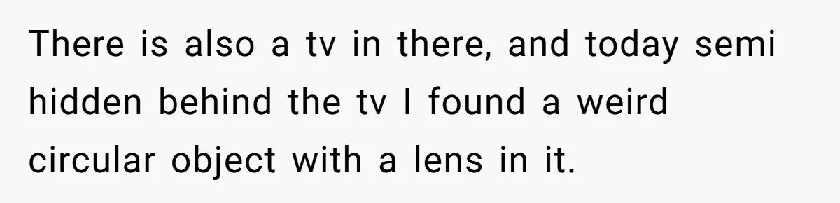 Woman Babysits Her Nephew For Free, Then Finds A Hidden Camera Watching Her Playroom There is also a tv in there, and today semi hidden behind the tv I found a weird circular object with a lens in it.