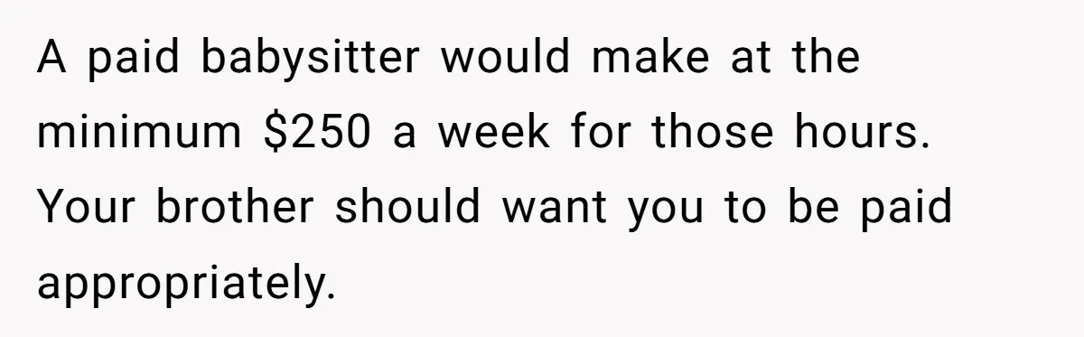 Woman Babysits Her Nephew For Free, Then Finds A Hidden Camera Watching Her Playroom A paid babysitter would make at the minimum $250 a week for those hours. Your brother should want you to be paid appropriately.