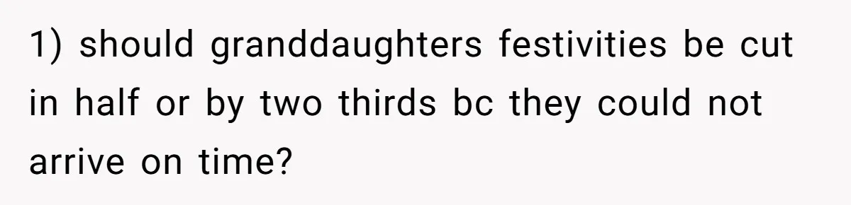 Parent Launches Daughter Birthday Party On Time, Without Chronically Tardy Grandparents 1) should granddaughters festivities be cut in half or by two thirds bc they could not arrive on time?