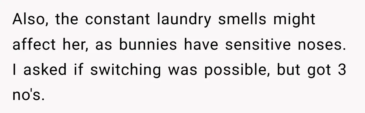 Woman Backs Out Of House Deal Last Minute After Realizing Her “Room” Comes With Public Access Also, the constant laundry smells might affect her, as bunnies have sensitive noses. I asked if switching was possible, but got 3 no's.