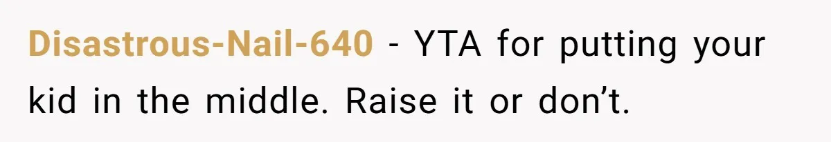 Disastrous-Nail-640 − YTA for putting your kid in the middle. Raise it or don’t.