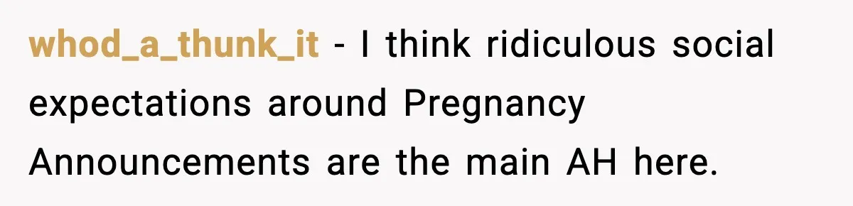 Woman Announces 6-Month Pregnancy A Week After SIL, Now Family Says She Stole The Spotlight whod_a_thunk_it − I think ridiculous social expectations around Pregnancy Announcements are the main AH here.