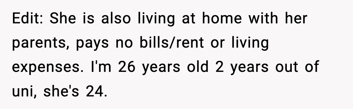 Man Tells Girlfriend His Money Isn’t “Ours”, Now She Says He’s Selfish Edit: She is also living at home with her parents, pays no bills/rent or living expenses. I'm 26 years old 2 years out of uni, she's 24.