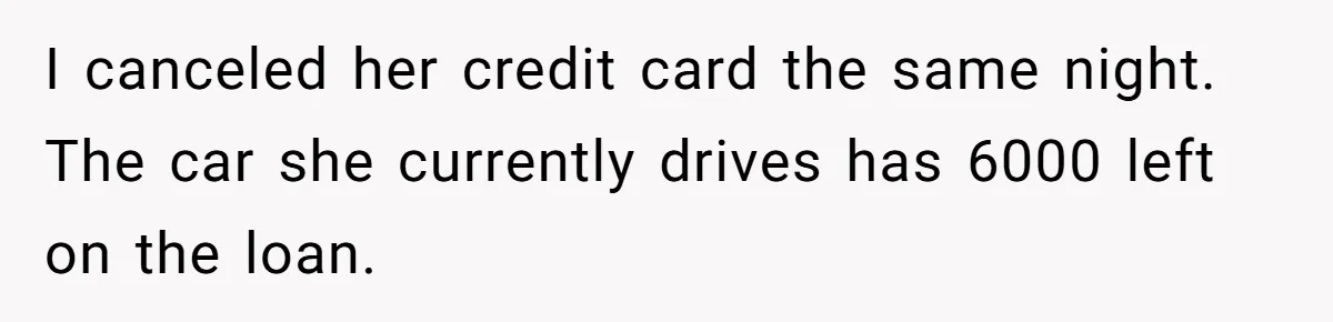Successful Entrepreneur Reaches Massive Wealth, Only To Watch His Partner Abandon Her Career I canceled her credit card the same night. The car she currently drives has 6000 left on the loan.