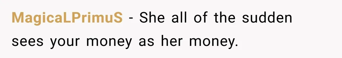 Successful Entrepreneur Reaches Massive Wealth, Only To Watch His Partner Abandon Her Career MagicaLPrimuS − She all of the sudden sees your money as her money.