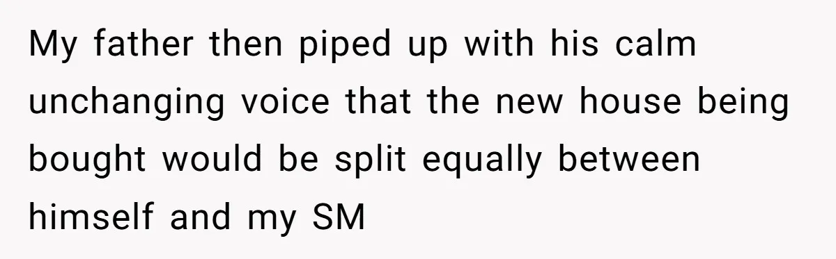 My father then piped up with his calm unchanging voice that the new house being bought would be split equally between himself and my SM