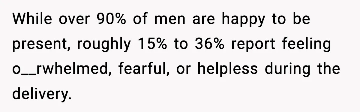 Pregnant Woman Wants Husband In Delivery Room, He Refuses And Says It’s “Not A Thing” While over 90% of men are happy to be present, roughly 15% to 36% report feeling o__rwhelmed, fearful, or helpless during the delivery.