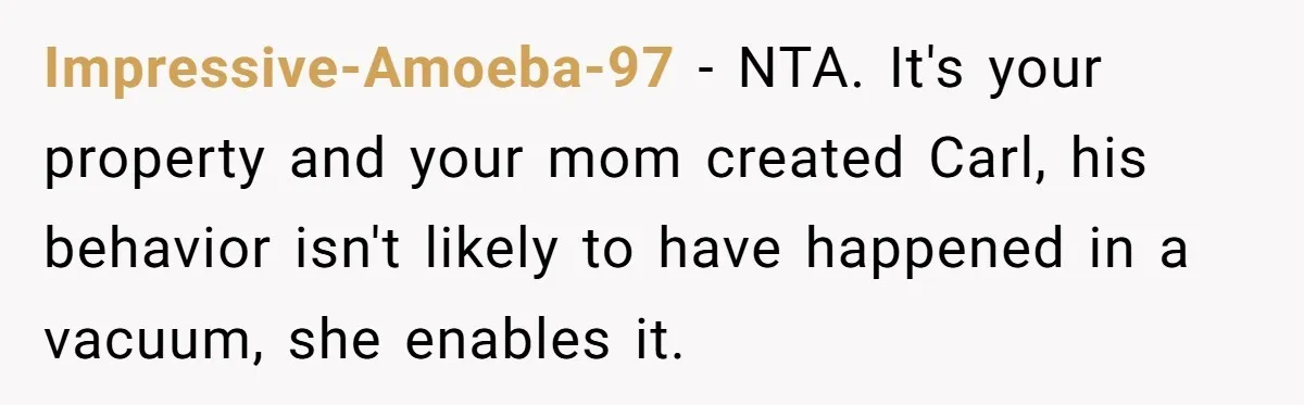Impressive-Amoeba-97 − NTA. It's your property and your mom created Carl, his behavior isn't likely to have happened in a vacuum, she enables it.