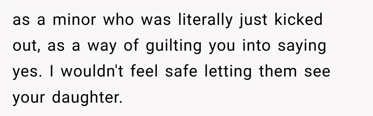 Young Mother Refuses Christmas Visit Until Certain Relatives Face Exclusion From Gathering as a minor who was literally just kicked out, as a way of guilting you into saying yes. I wouldn't feel safe letting them see your daughter.