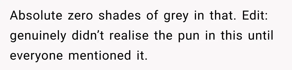 Absolute zero shades of grey in that. Edit: genuinely didn’t realise the pun in this until everyone mentioned it.