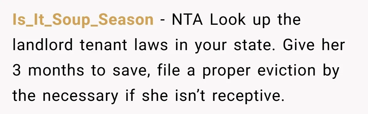 She Let Her Sister Stay “Temporarily,” and a Year Later She Feels Like a Guest in Her Own Home Is_It_Soup_Season − NTA Look up the landlord tenant laws in your state. Give her 3 months to save, file a proper eviction by the necessary if she isn’t receptive.