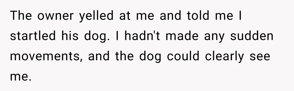 The owner yelled at me and told me I startled his dog. I hadn't made any sudden movements, and the dog could clearly see me.