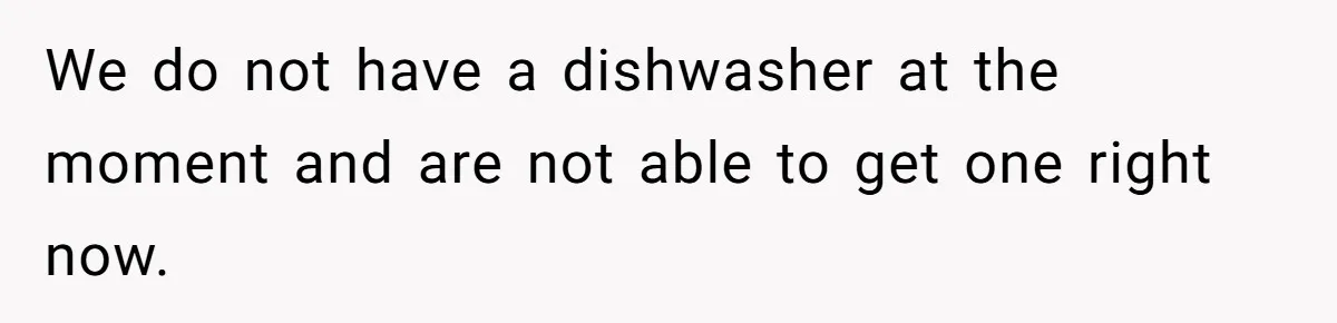She Wanted Fairness in the Kitchen, but His “You Cook, I Clean” Rule Turned Every Dinner Into a Battle Over Dirty Dishes We do not have a dishwasher at the moment and are not able to get one right now.