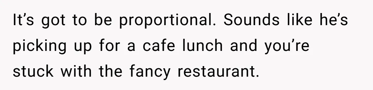 She Wanted Fairness in the Kitchen, but His “You Cook, I Clean” Rule Turned Every Dinner Into a Battle Over Dirty Dishes It’s got to be proportional. Sounds like he’s picking up for a cafe lunch and you’re stuck with the fancy restaurant.