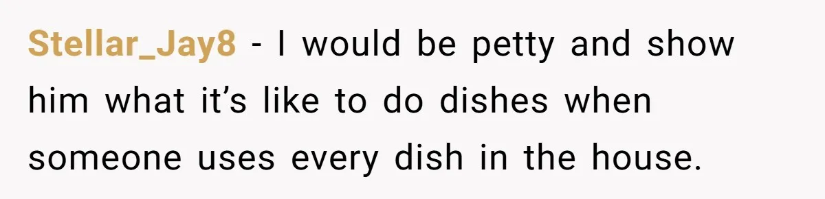 She Wanted Fairness in the Kitchen, but His “You Cook, I Clean” Rule Turned Every Dinner Into a Battle Over Dirty Dishes Stellar_Jay8 − I would be petty and show him what it’s like to do dishes when someone uses every dish in the house.
