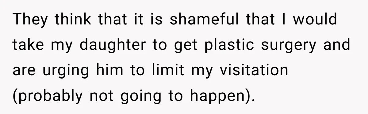 Mother Lets Daughter Get Lip Injections At 17, Now Ex-Husband Wants To Limit Her Visitation They think that it is shameful that I would take my daughter to get plastic surgery and are urging him to limit my visitation (probably not going to happen).