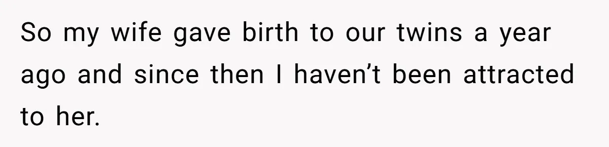 Man Telling Postpartum Wife He Find Women at Work Attractive After She Questioned His Hormones So my wife gave birth to our twins a year ago and since then I haven’t been attracted to her.