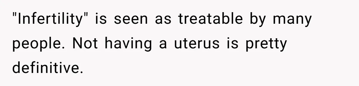 Girlfriend Told Her Partner She Was Infertile, But Didn’t Mention The Hysterectomy—Now He’s Furious "Infertility" is seen as treatable by many people. Not having a uterus is pretty definitive.